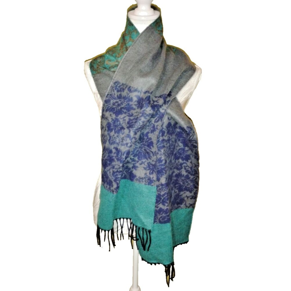 Soft Acrylic Scarf Women Winter Green Blue Gray 12"×61"w/ 3" Fringe Floral, boho